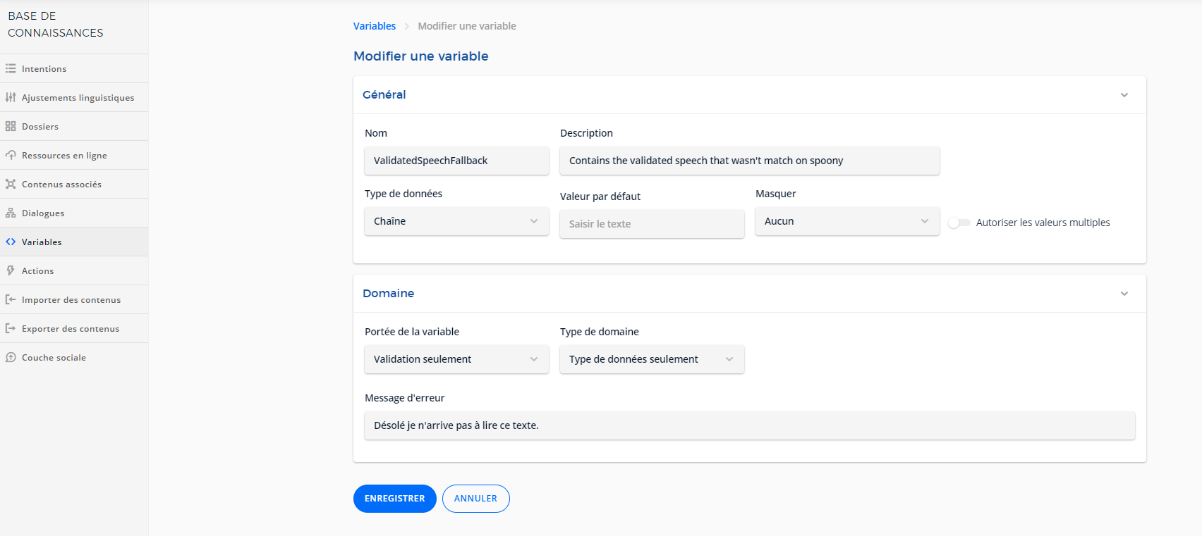 Inbenta Validated Speech Fallback Variable